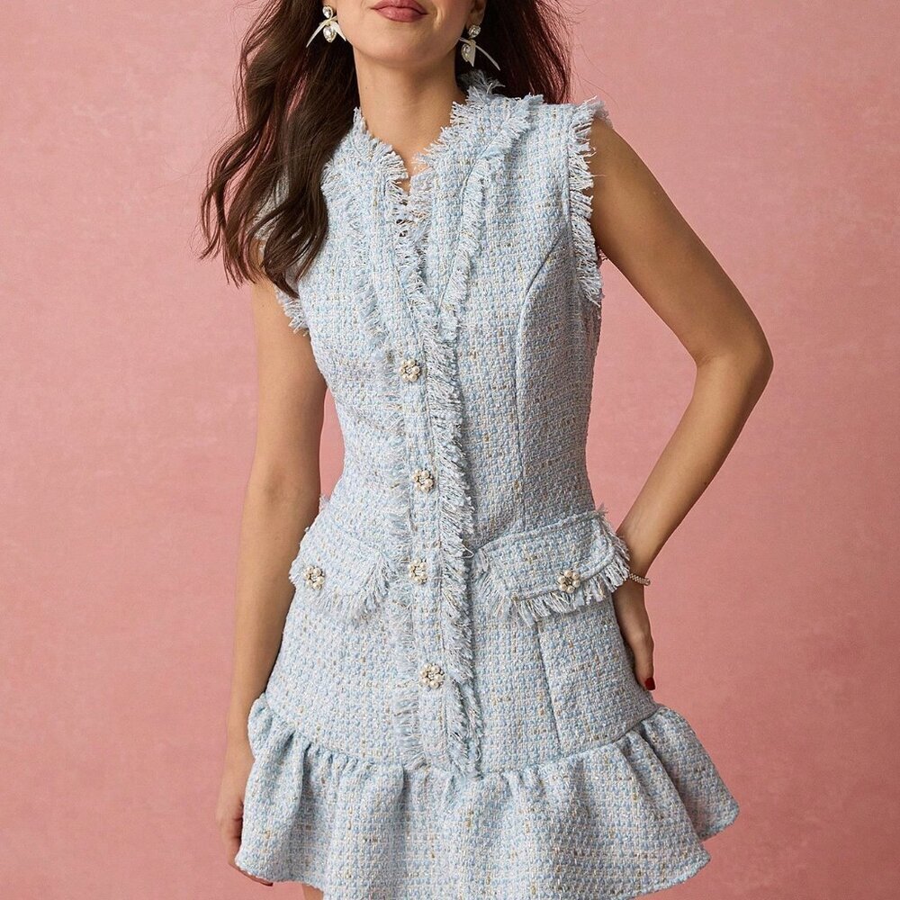 Baby Blue Elegant Women's Pearl Buttons Decor Ruffle Hem Tweed Mini Dress
